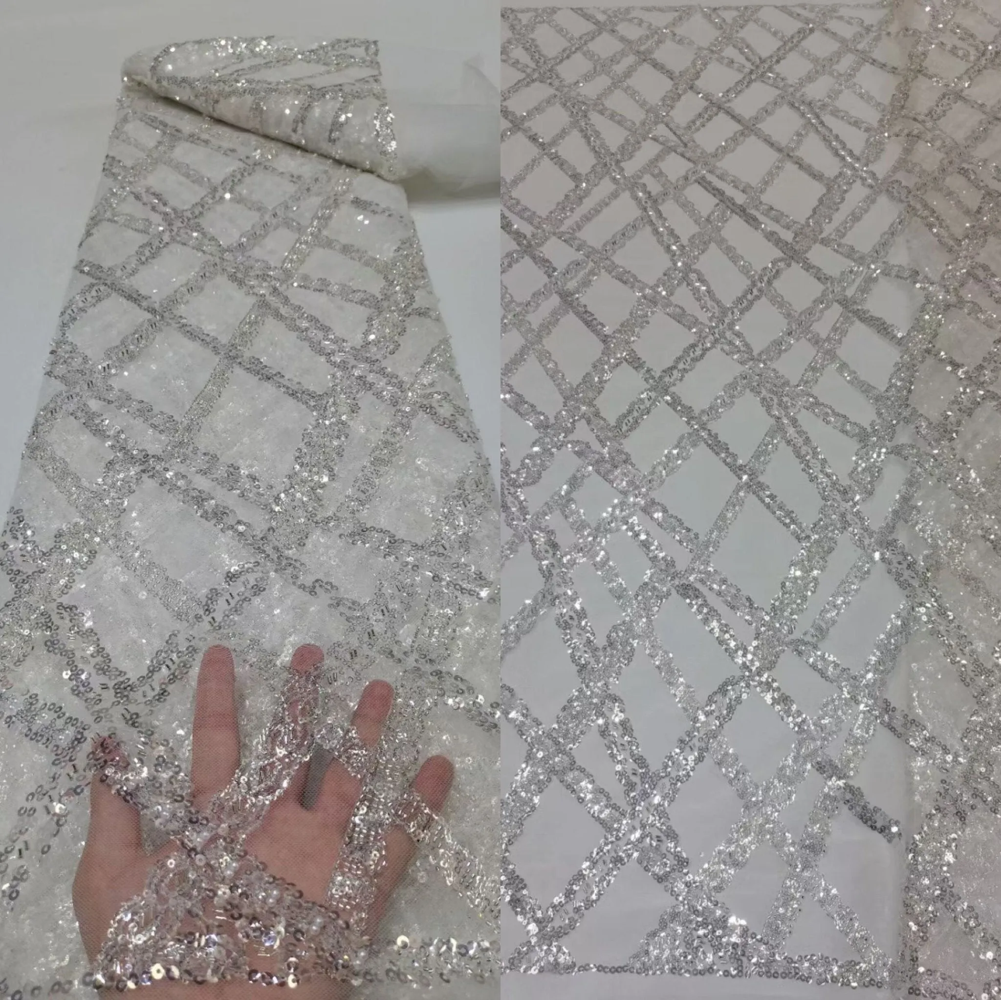 5 YARDS / 20 COLORS / Ayleen Various Geometric Lines Sequin Beaded Embroidery Tulle Mesh Lace Party Prom Bridal Dress Fabric