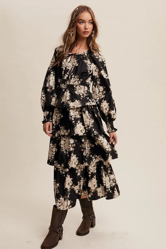 Black Floral Tiered Maxi Dress