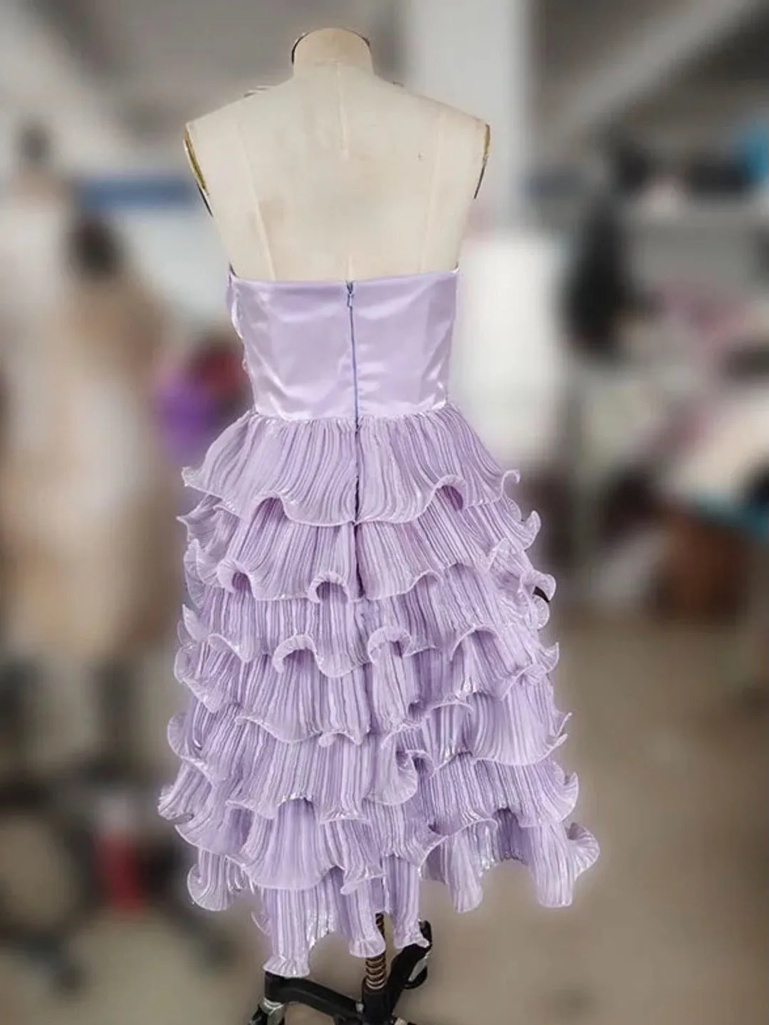 Flytonn- Strapless Wavy Pleated Tiered Midi Dress