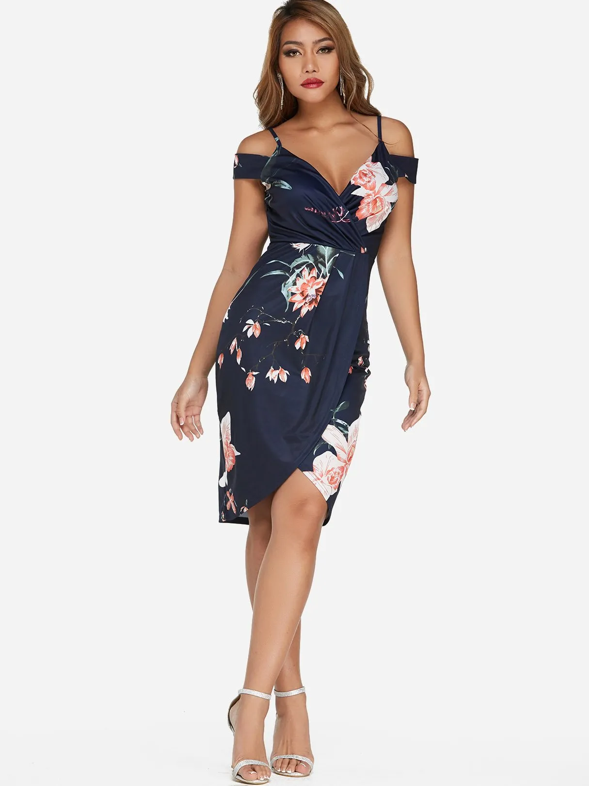 Wholesale Navy Cold Shoulder Deep V Neck Sleeveless Floral Print Crossed Front Slit Hem Dresses