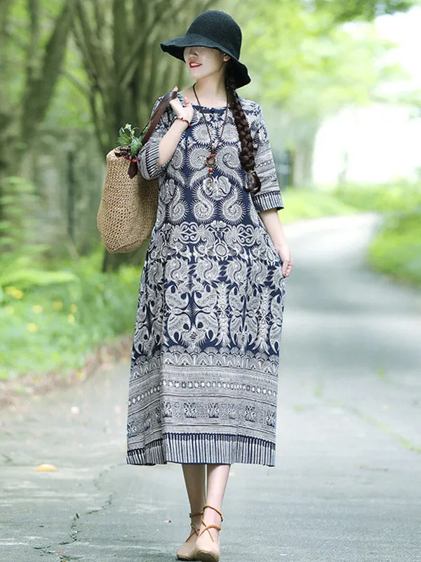 xakxx Vintage Cotton Blend Printing Midi Dresses